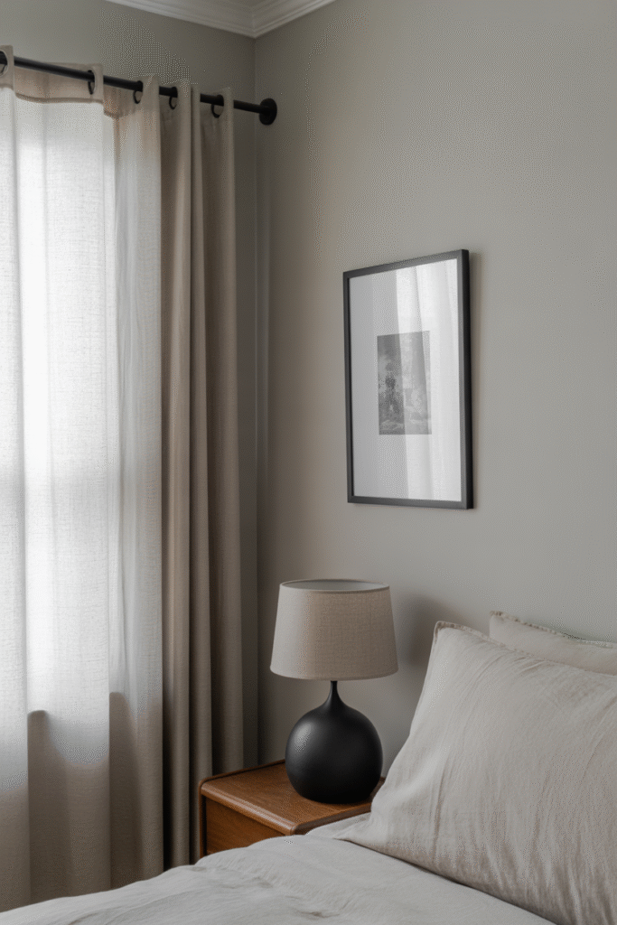 Neutral bedroom featuring subtle matte black decor for modern edge.

