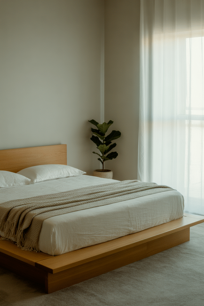 Modern minimalist bedroom with simple, budget-friendly furnishings.

