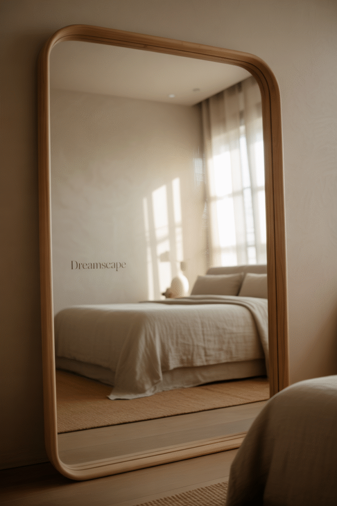 Large mirror enhances light and depth in a small organic modern bedroom.

