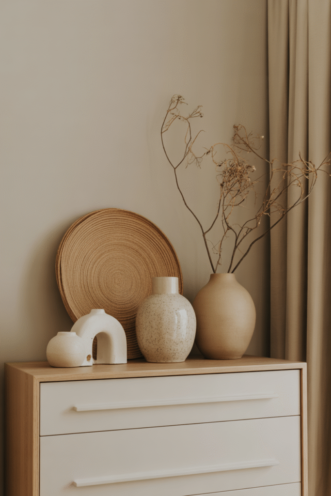 Neutral bedroom with muted ceramic accessories for added warmth.

