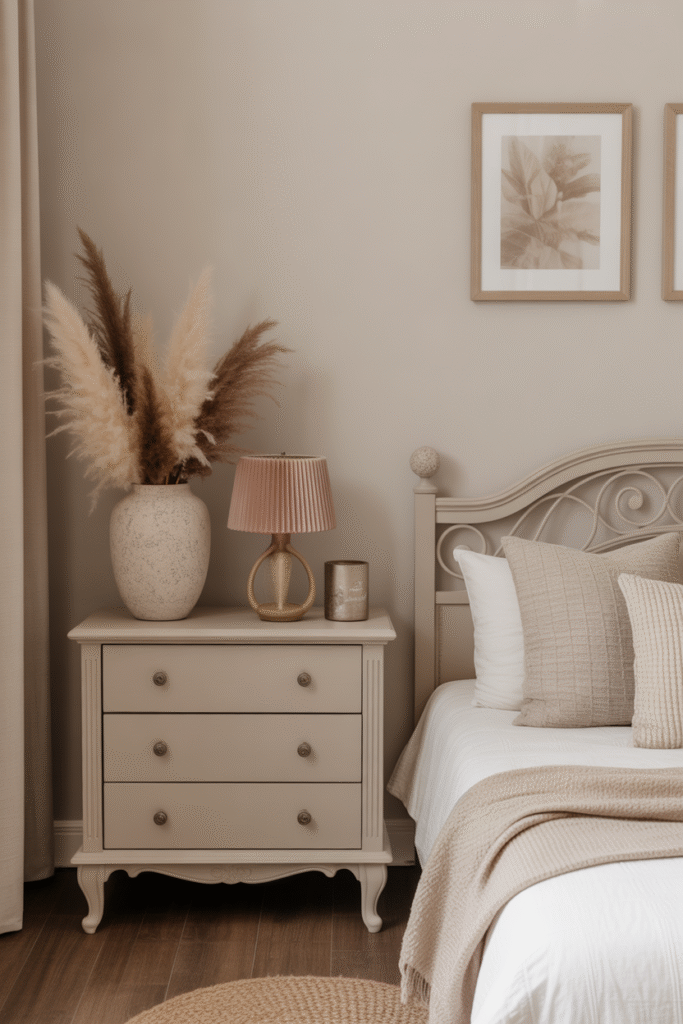 Thrifted furniture updated with soft neutral paint in an organic bedroom.

