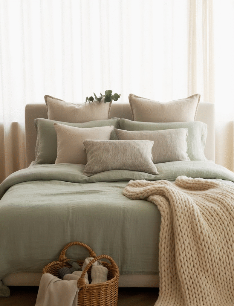 Serene bedroom with sage green sheets, duvet covers, and throw blankets, paired with neutral pillows and natural linen textures for a layered, calming look.