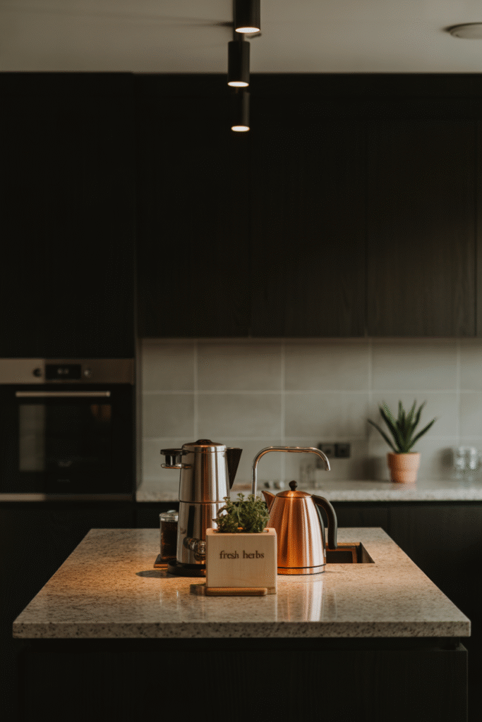 Contemporary kitchen showing poorly lit counter areas due to lack of task lighting
