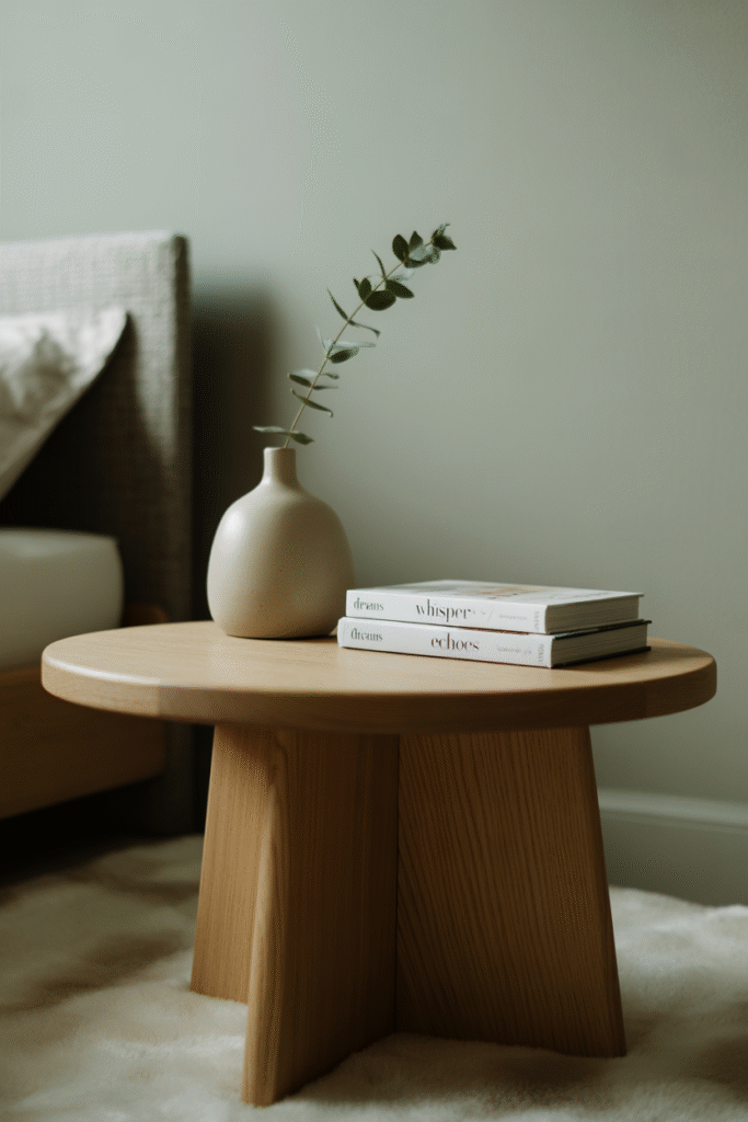 Clean surfaces highlight textures in a simple, calming bedroom.

