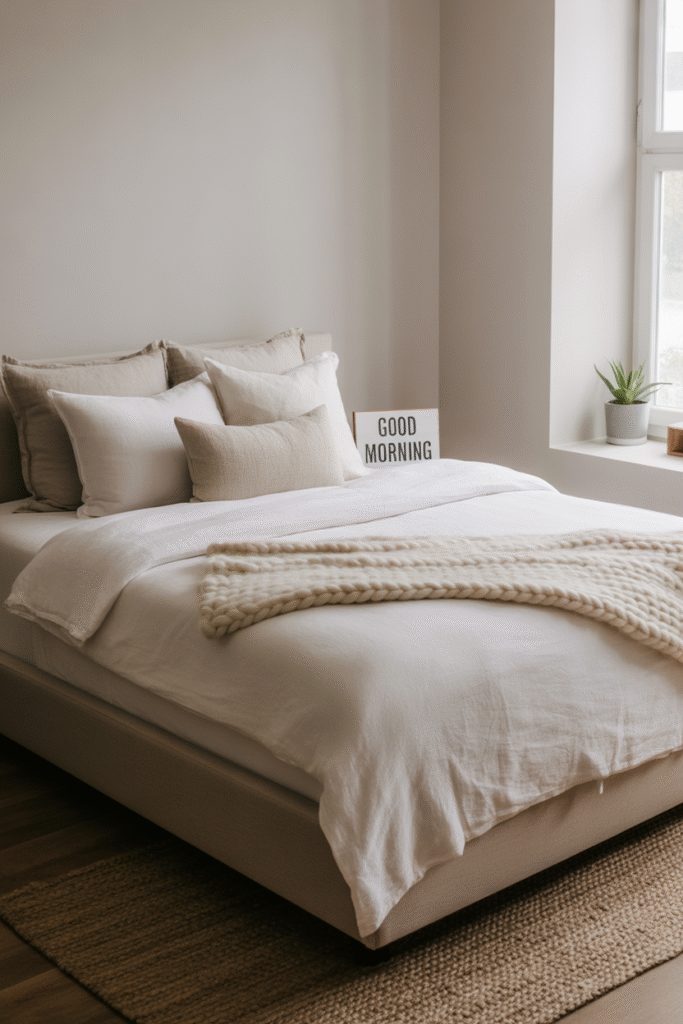 Low modern bed anchors an airy, budget-friendly organic bedroom.

