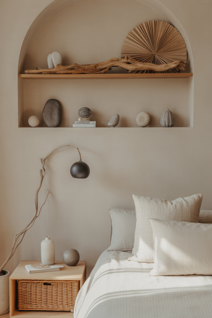 Natural found objects used as minimalist decor in a modern organic room.

