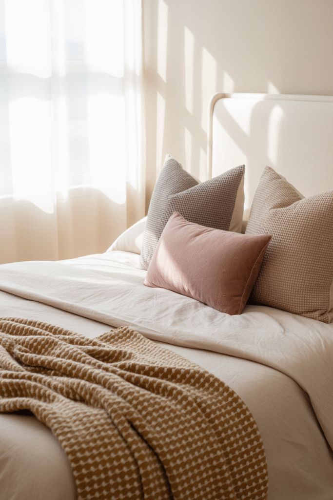 Cozy bed styled with subtle geometric pillows for layered interest.

