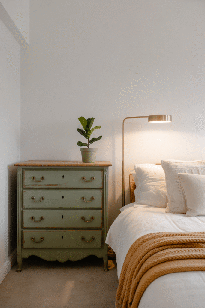 Organic bedroom blending vintage and new pieces for a curated look.

