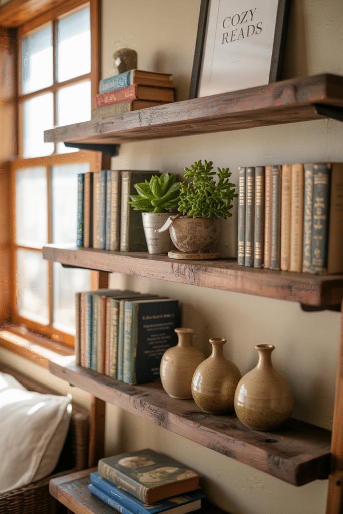 Natural wood shelving displays personal touches in a simple bedroom.

