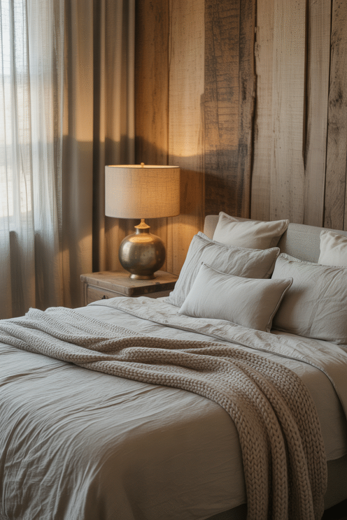 Warm, relaxed bedroom highlighting natural textures and imperfections.

