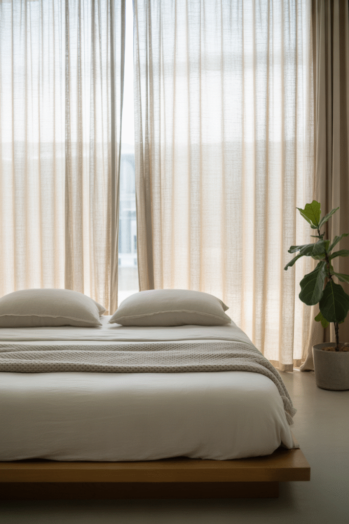 Light-filtering linen curtains add softness to a calm bedroom retreat.

