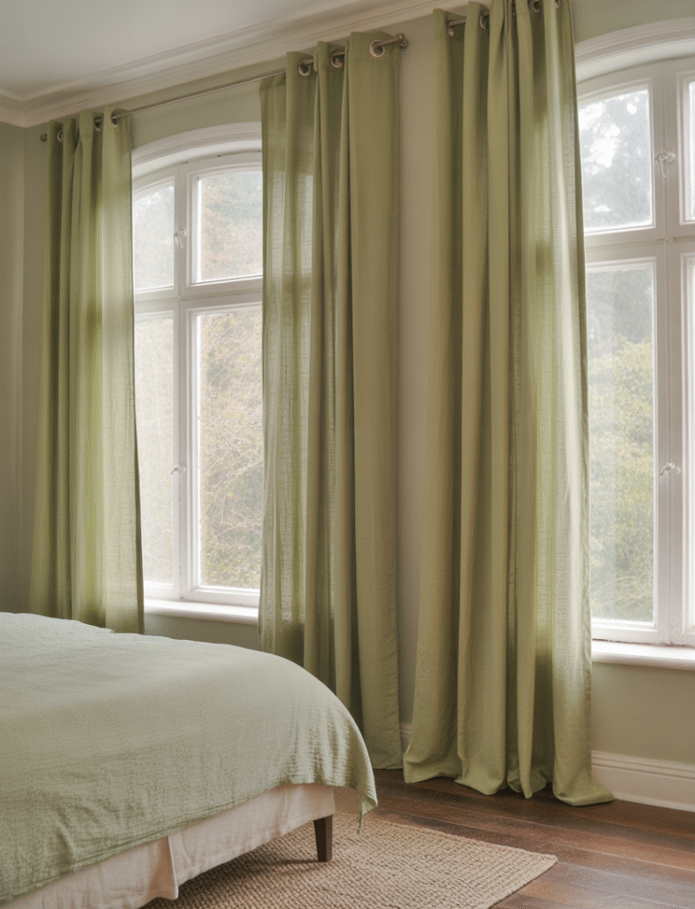 Bedroom with sage green linen or cotton curtains framing large windows, adding soft color and creating a restful, airy atmosphere.