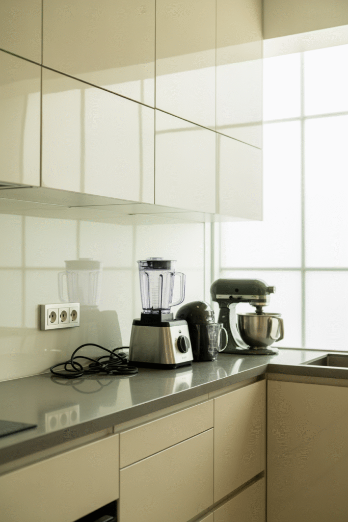Kitchen counter with not enough outlets for appliances, creating clutter