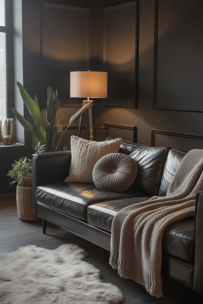 Moody space with velvet cushions, a fur rug, and soft throw blankets adding texture to a dark living room.

