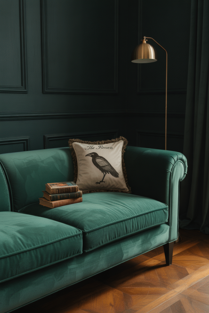 As a part of moody living room odeas this picture shows a cozy living room with charcoal gray walls, wood flooring, and soft lighting around a velvet sofa.