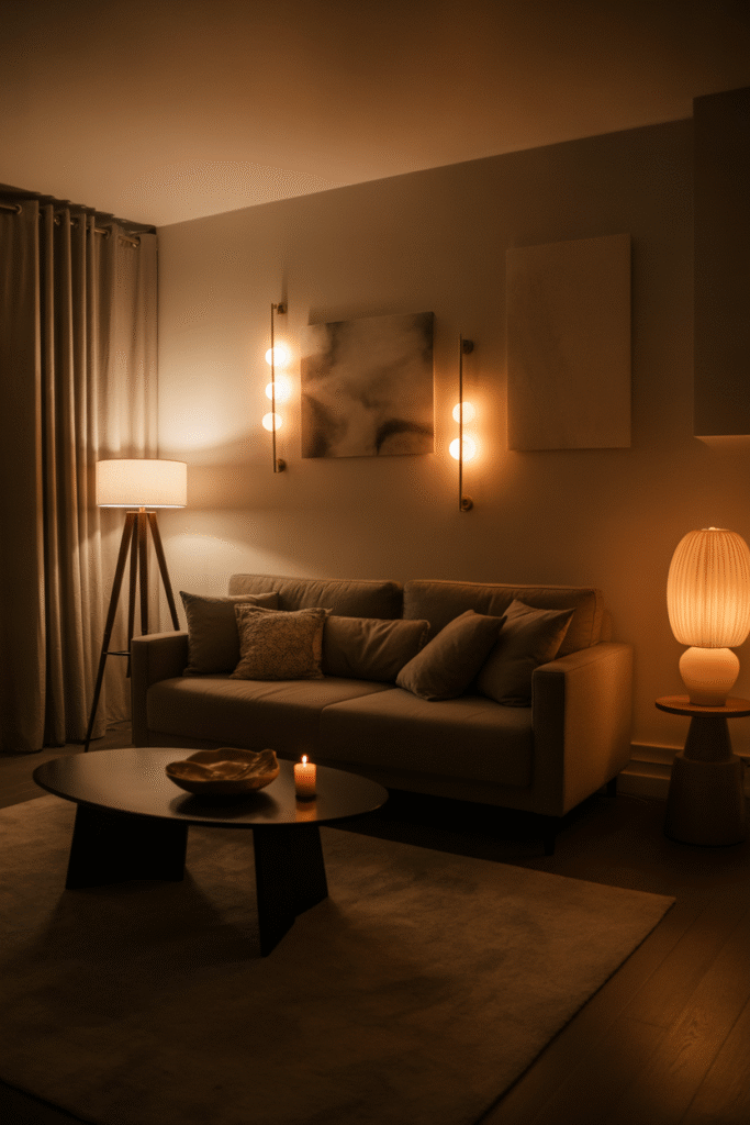 Ambient lighting from lamps and candles creates a warm, intimate atmosphere in a living room.