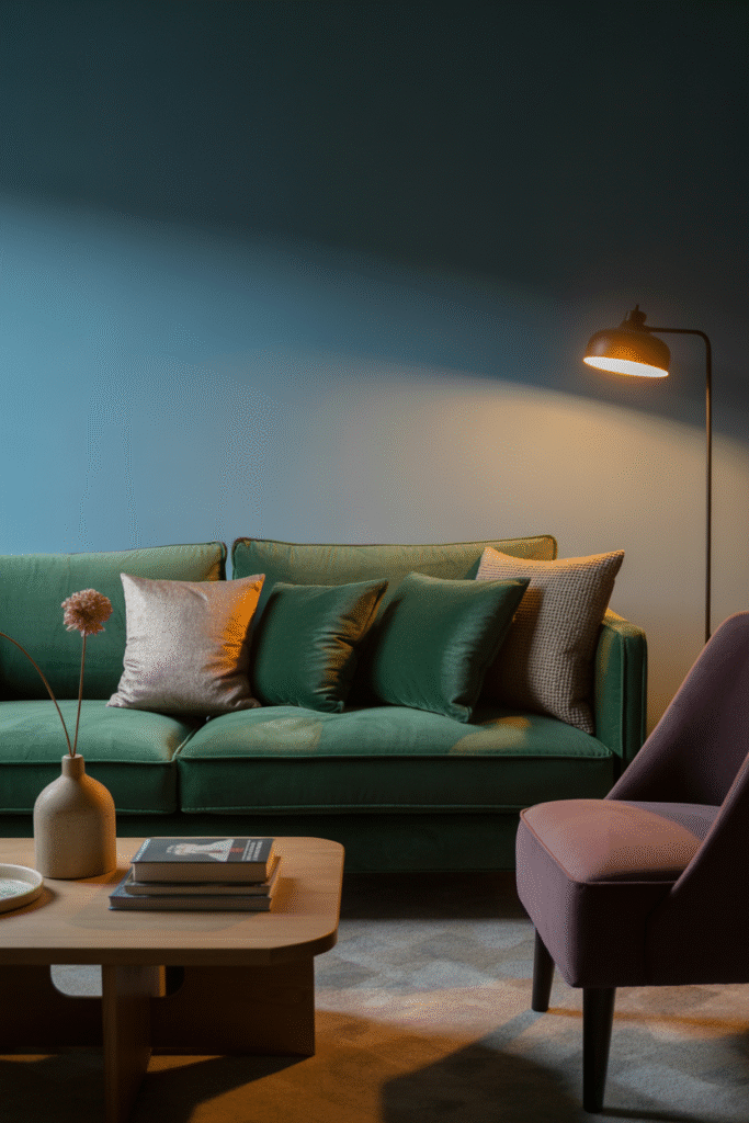 Forest green velvet sofa and plum chair set against deep blue walls in a stylish moody living room.
