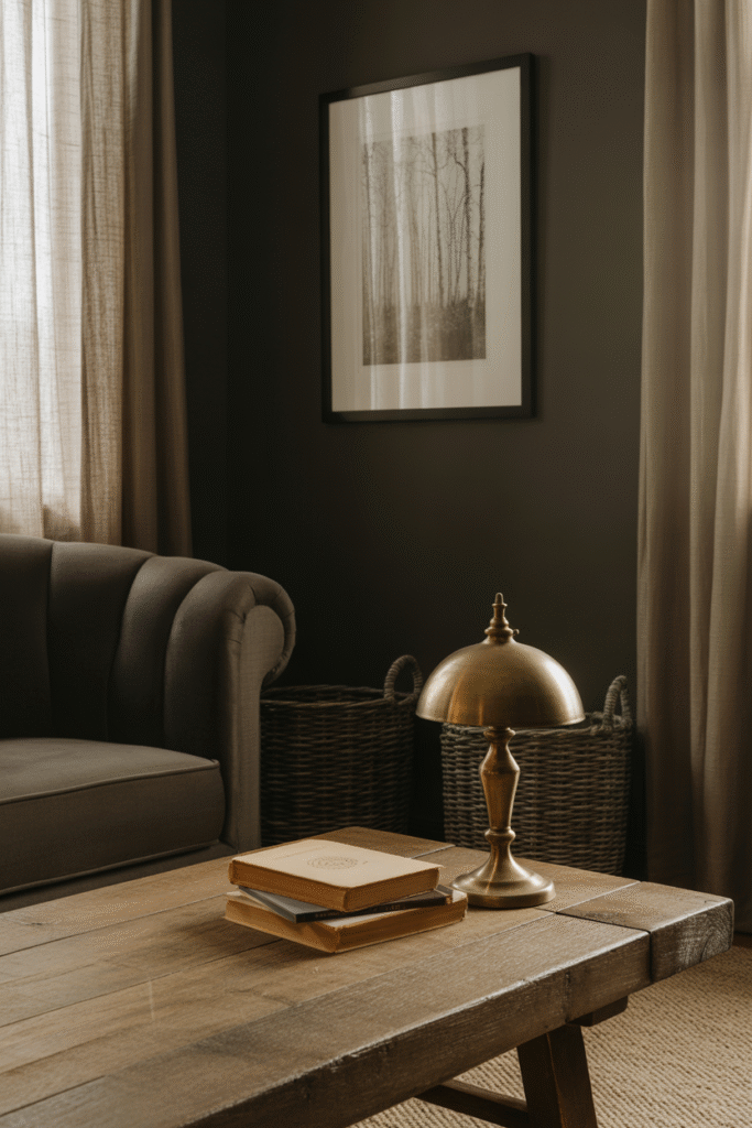 A dark-painted living room with rustic wooden furniture and natural textures for cozy charm.

