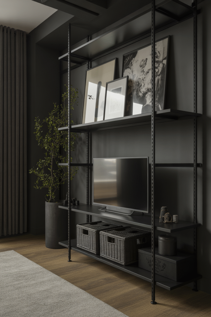 Matte black shelving and picture frames add modern contrast to a moody charcoal-toned living room.

