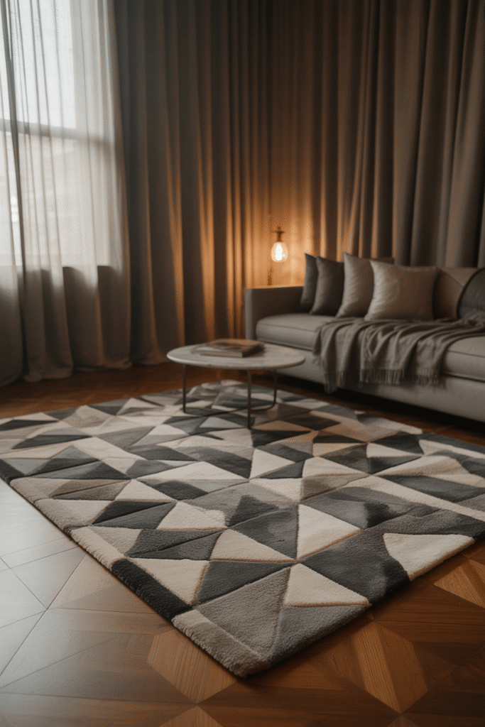 Geometric rug and subtle printed cushions add texture to a calm, moody-toned living space.