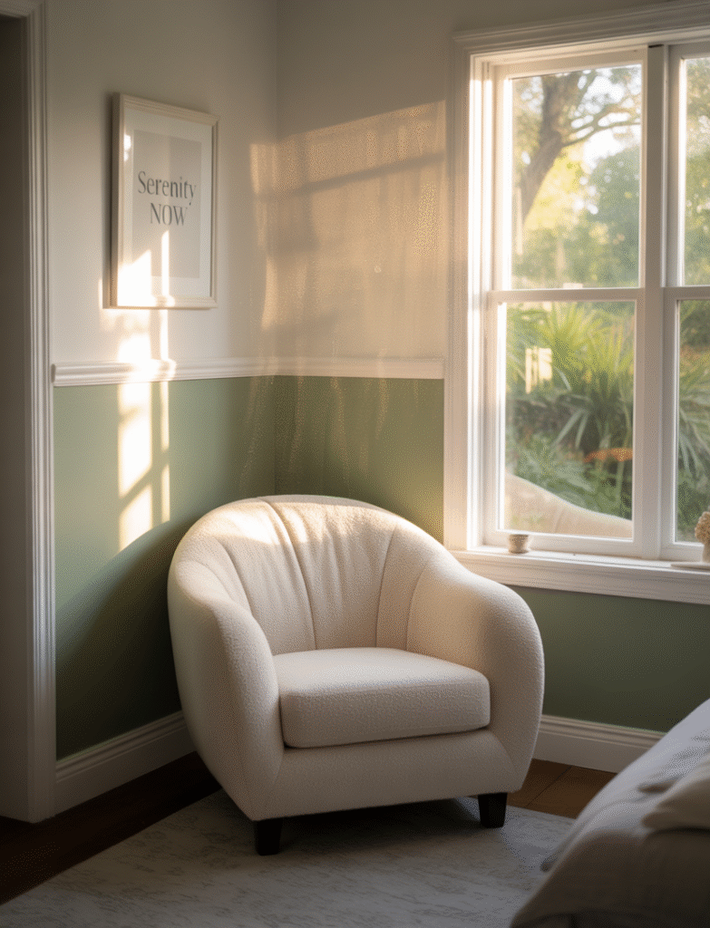 Bedroom with two-tone walls, featuring sage green on the bottom half and crisp white on the upper half, with a chair rail molding for a polished and dimensional look.