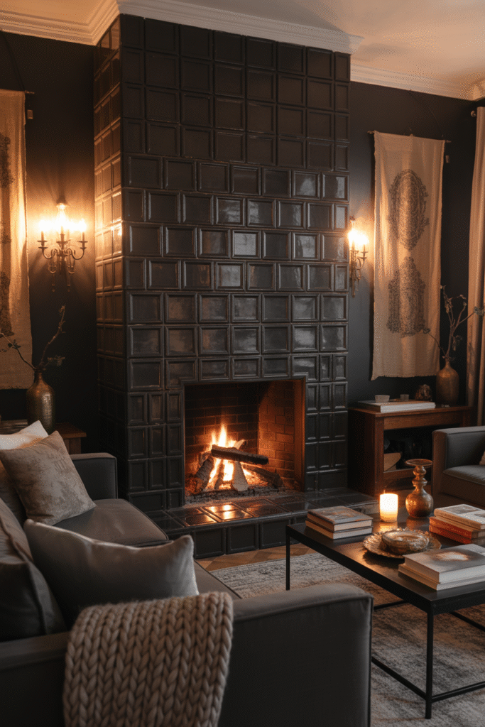 A black fireplace glows in a warm, moody living room filled with soft textures and rich color.

