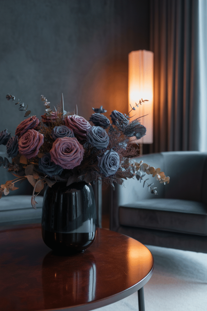 Dark floral arrangements in ceramic vases add elegance to a dimly lit moody living space.