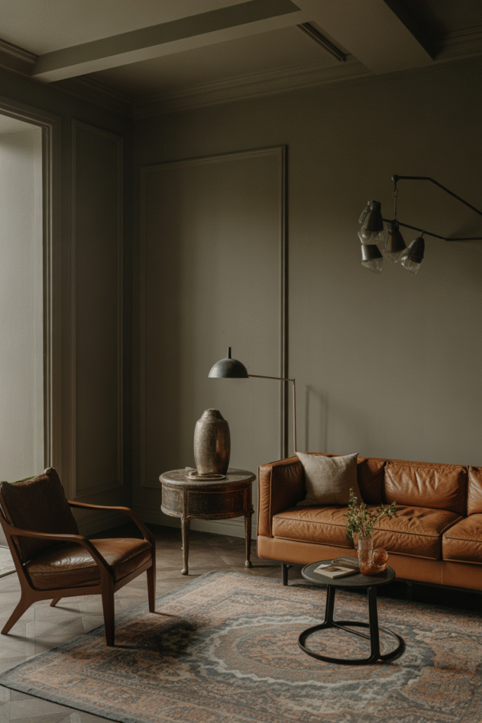 A blend of modern and vintage furniture gives character to a moody, warmly lit living room.

