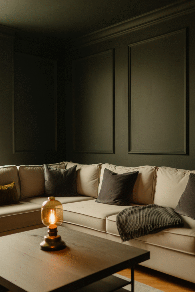 Matching dark ceiling and walls create a cocoon-like feel in a cozy, intimate living room.
