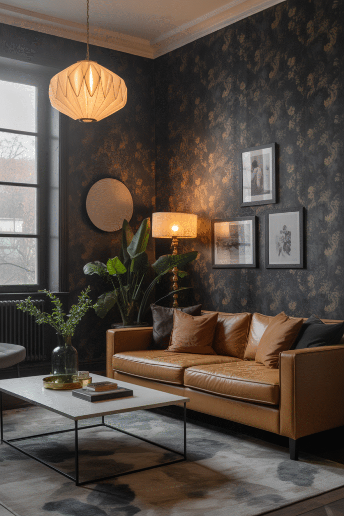 A moody accent wall with floral wallpaper enhances the richness of this stylish living room.

