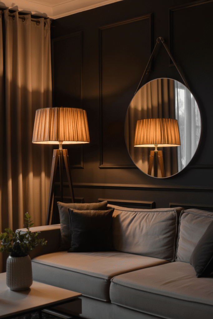 A round mirror reflects ambient light in a moody living room with deep wall colors.

