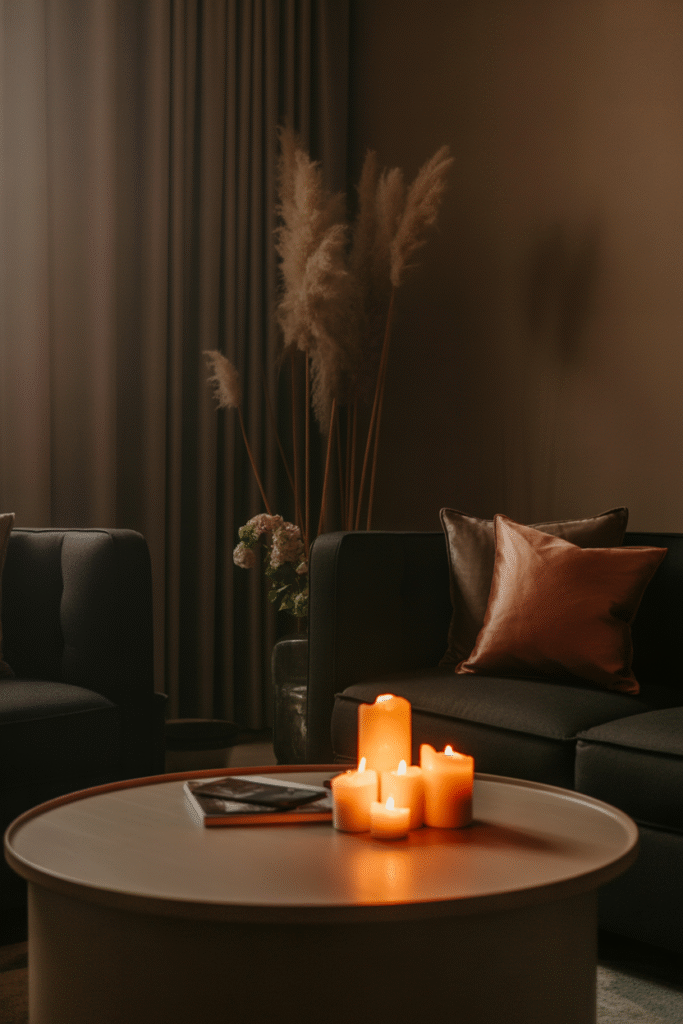 Flickering candles and warm lighting create a cozy atmosphere in a moody-toned living room.