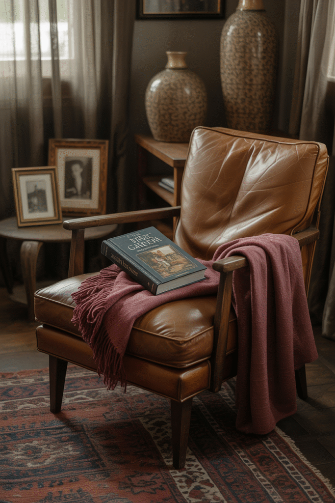 A moody space with layered textures, relaxed styling, and personal decor that invites you to unwind.

