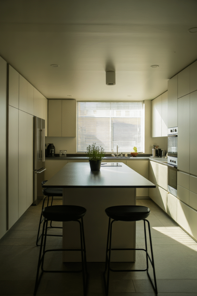 Cramped kitchen space with an oversized island obstructing traffic paths