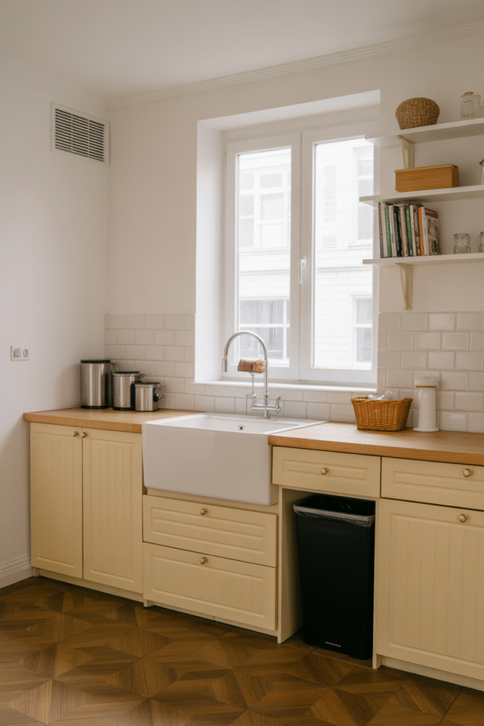Kitchen counter cluttered with exposed trash bins due to poor planning