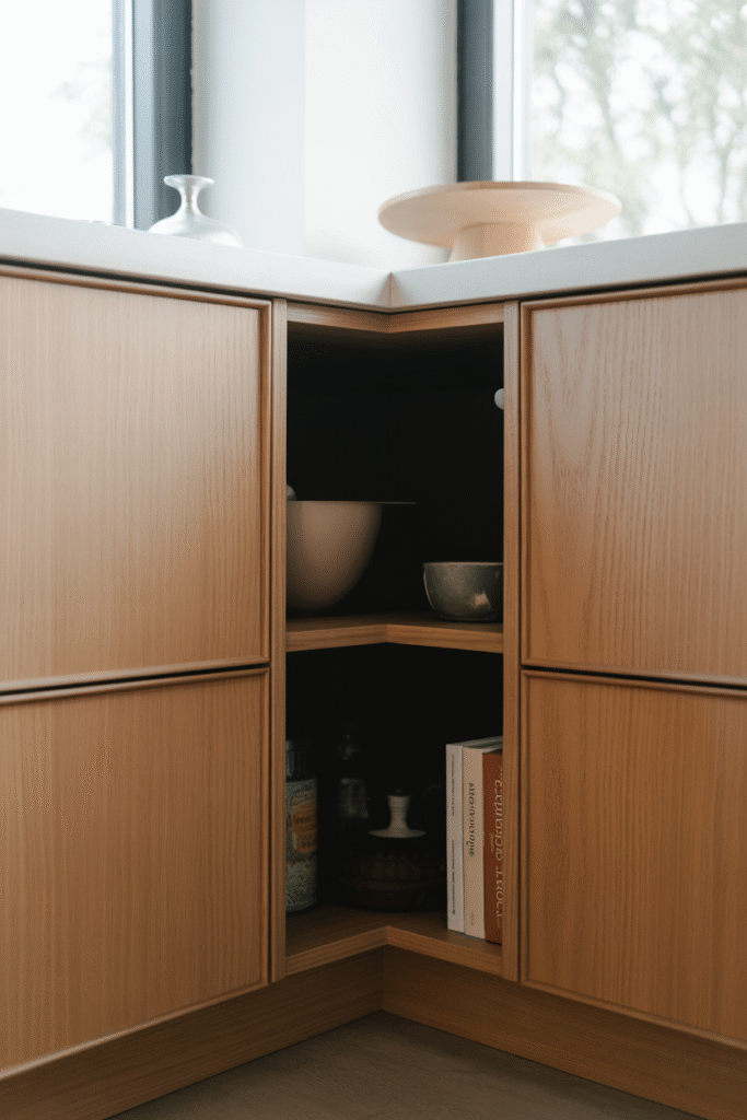 Inefficient use of corner kitchen cabinets with no lazy Susan or pull-out shelves