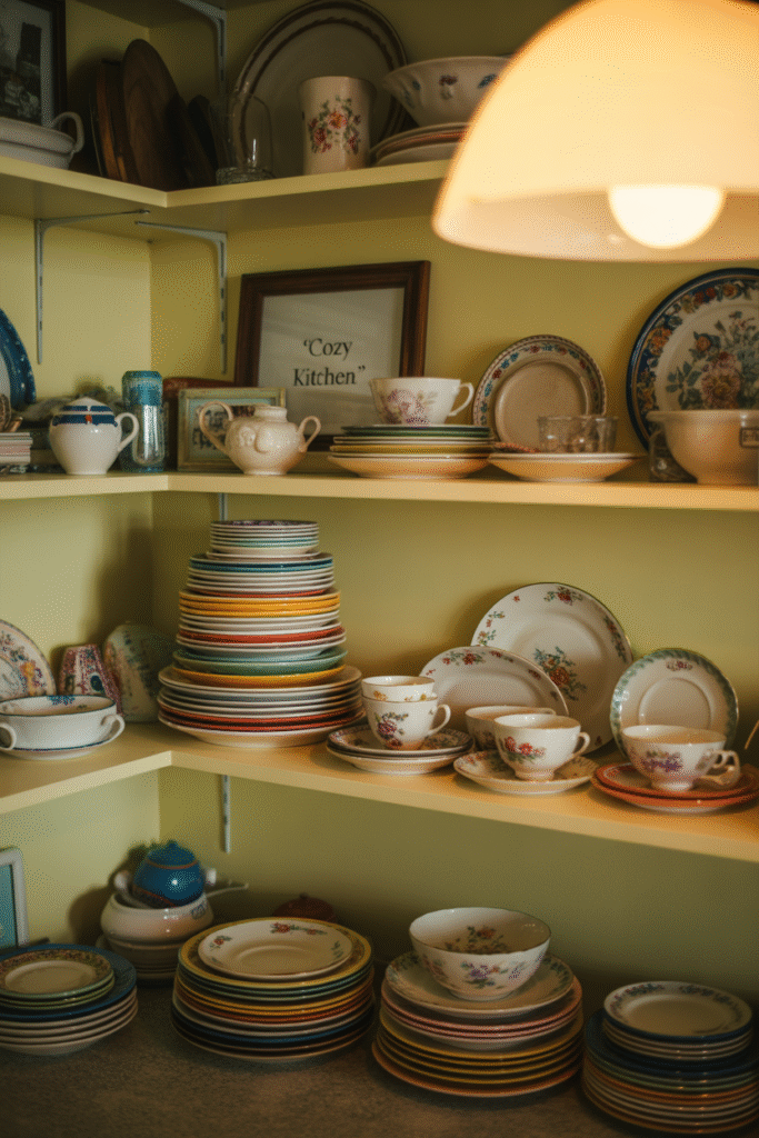 Open kitchen shelves overcrowded with disorganized items