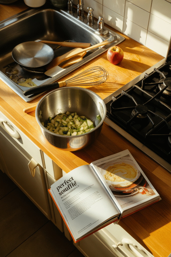 Poorly organized kitchen where workflow zones are not clearly defined