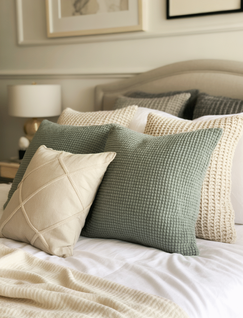 Cozy bedroom with sage green throw pillows on the bed, paired with cream, white, and gray tones, and textured fabrics like velvet and knit for a layered, inviting look.