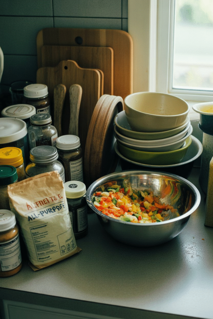 Kitchen without proper pantry space, resulting in food on countertops