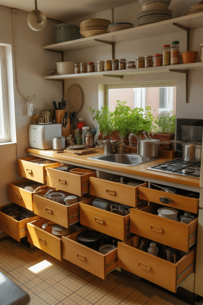 Kitchen lacking adequate storage, causing disorganization