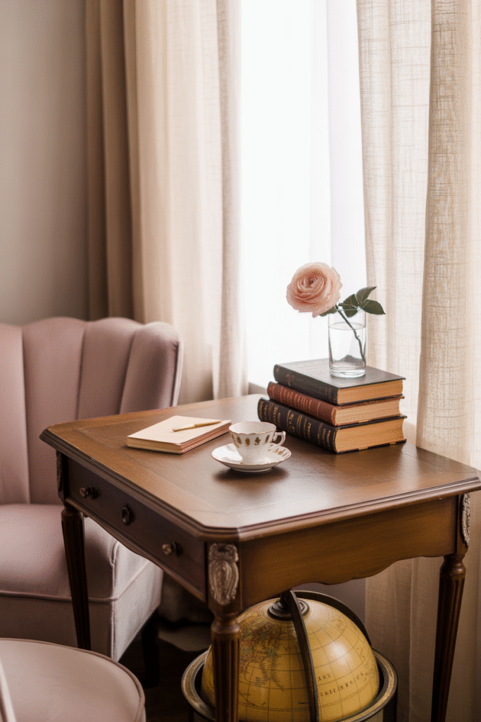 Vintage-inspired workspace with cozy feminine styling
