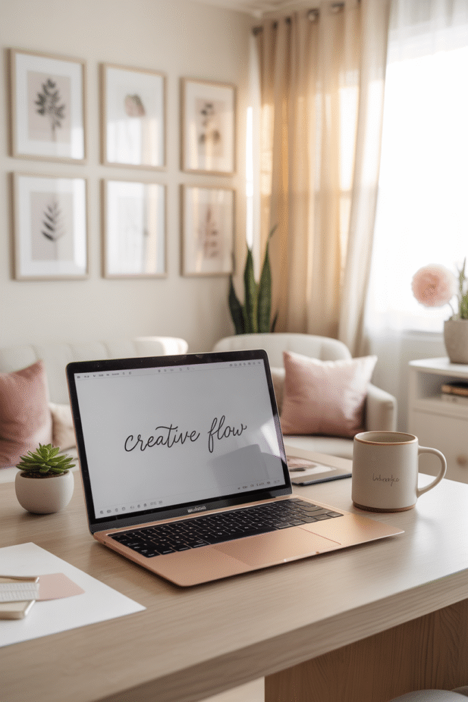 Light-filled feminine workspace with white walls, blush decor, and cozy natural textures