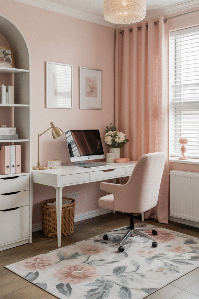 Feminine office space with botanical rug, pink chair, and neutral-toned decor