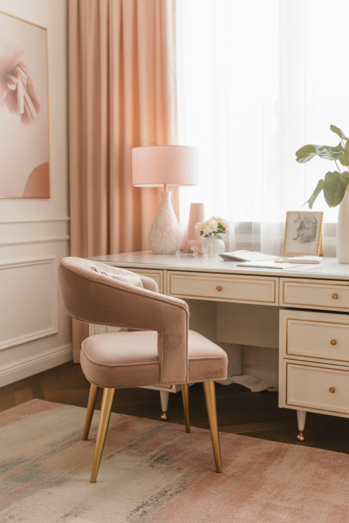 Blush pink velvet office chair in a cozy, feminine workspace with plush details