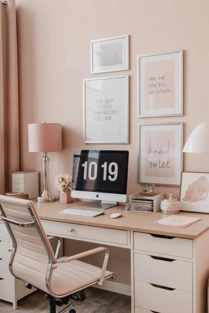 Feminine desk setup with inspirational quote prints and soft neutral decor
