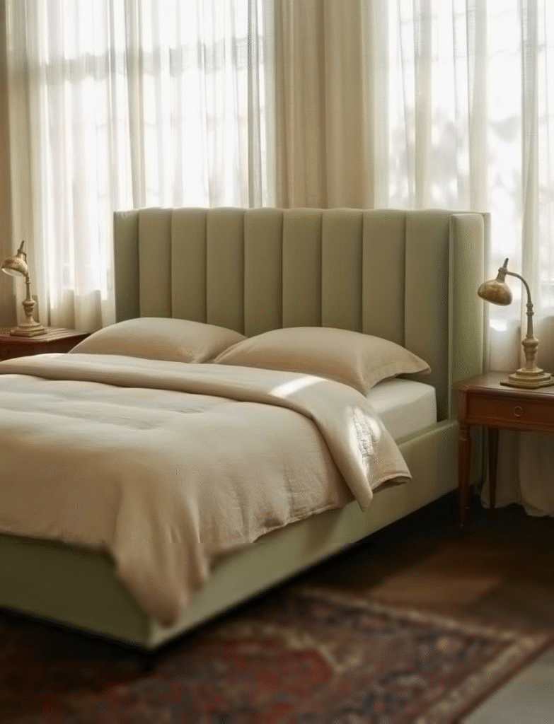 Bedroom with a sage green upholstered headboard, paired with warm neutral bedding and nightstands, grounding the room while maintaining a serene atmosphere.