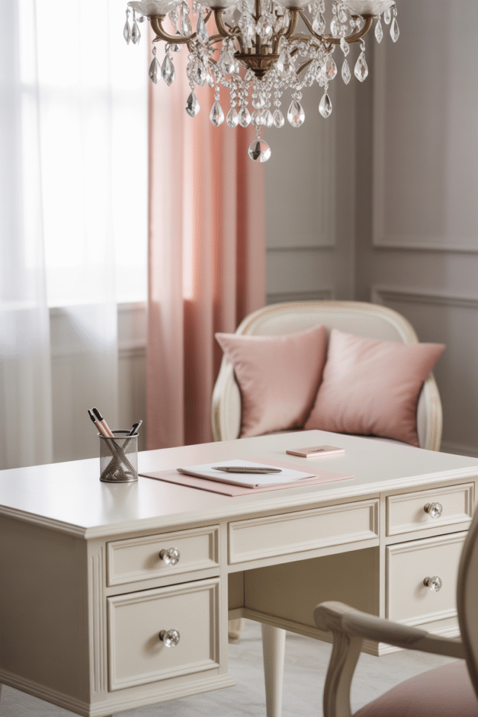 Elegant home office with statement pendant light and pastel-toned decor