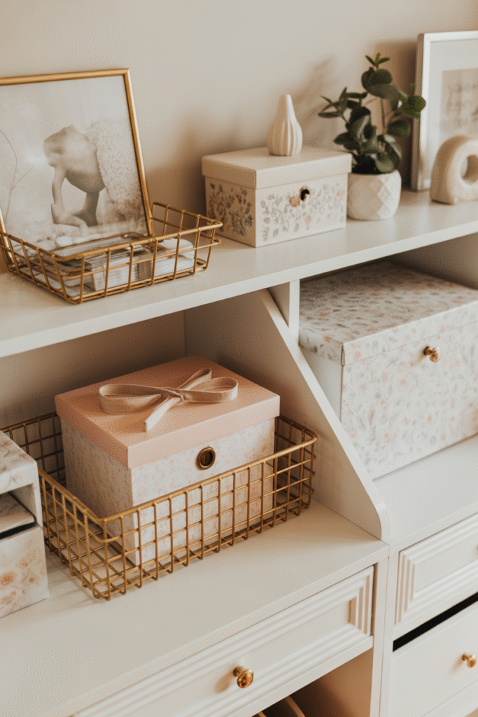 Blush-toned office with stylish storage boxes and neatly arranged desk items