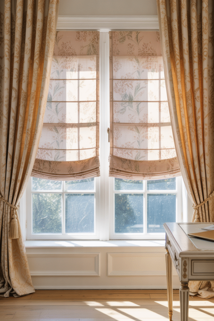 Bright workspace with soft patterned window treatments and pastel accents